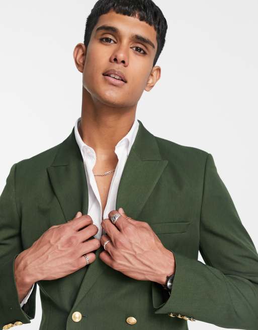 ASOS DESIGN Wedding - Blazer skinny kaki con bottoni color oro 