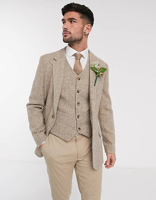 ASOS DESIGN Wedding - Blazer slim in Harris tweed in lana a spina di pesce cammello