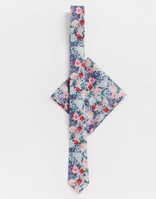 ASOS DESIGN – Wedding – Blommig smal slips och bröstnäsduk-Flerfärgad