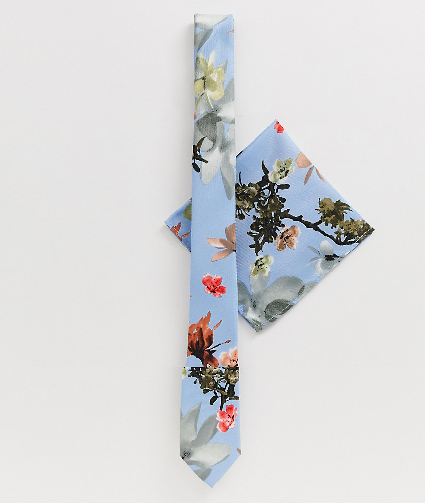 ASOS DESIGN wedding blue floral bow tie & pocket square-Multi