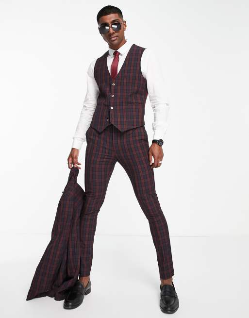 ASOS DESIGN wedding - Bordeauxrød skotskternet habitvest i super skinny pasform, 3 af 4