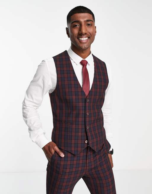 ASOS DESIGN wedding - Bordeauxrød skotskternet habitvest i super skinny pasform, 4 af 4