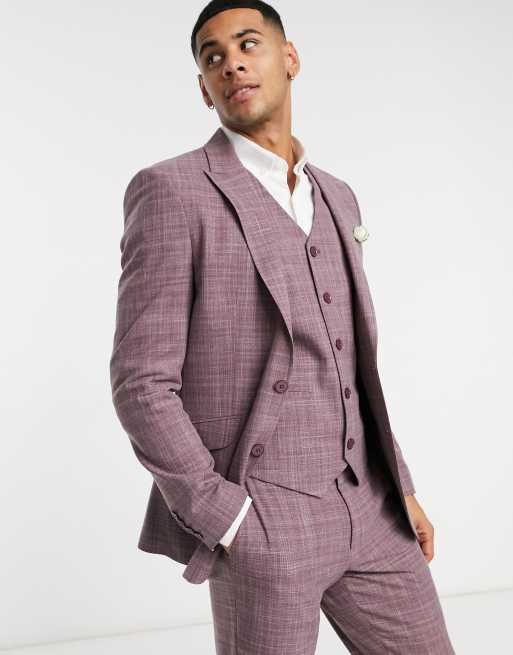 ASOS DESIGN Wedding – Bordowy garnitur o dopasowanym kroju, w drobną kratkę, 2 z 4