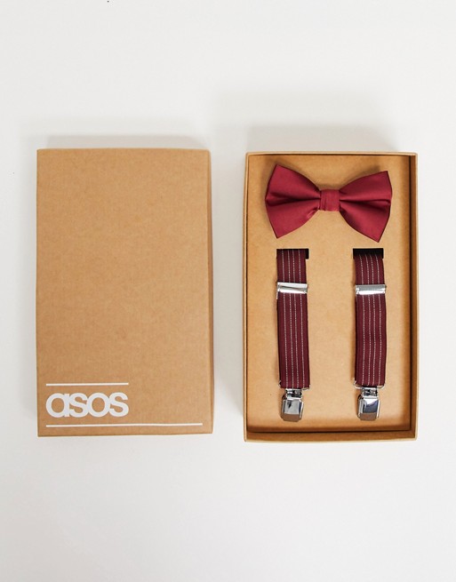 ASOS DESIGN Wedding brace and bow tie set in burgundy with stripe