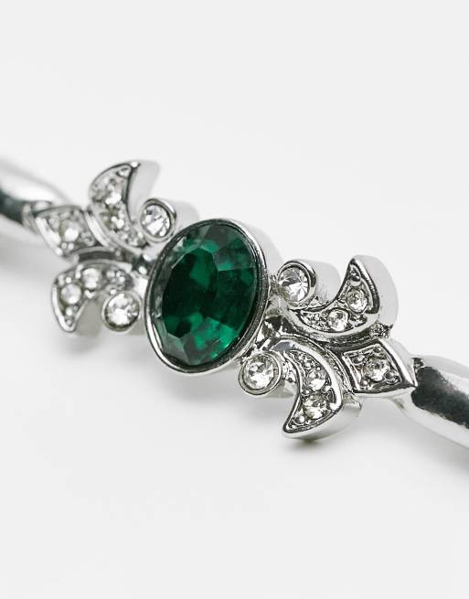 ASOS DESIGN Wedding - Broche in zilverkleur met smaragdgroene en doorzichtige kristallen