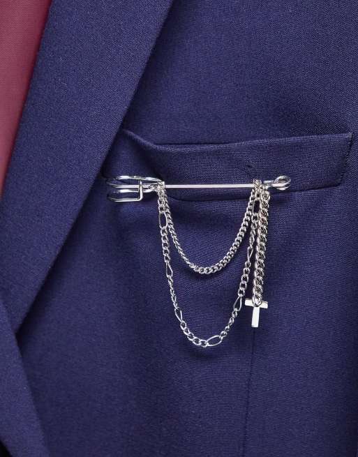 ASOS DESIGN Wedding - Broche met kettinkjes en kruishangertje in zilverkleur