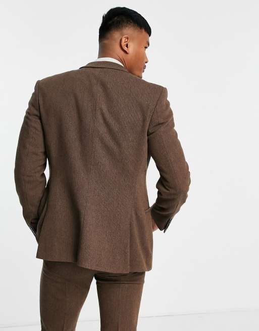 ASOS DESIGN Wedding – Brun strukturvävd kavaj i yllemix med extra smal passform, del av kostym, 3 av 4