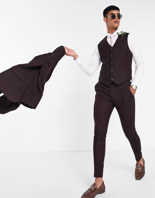 ASOS DESIGN Wedding – Burgundowe spodnie garniturowe o bardzo obcisłym kroju z diagonalu z domieszką wełny