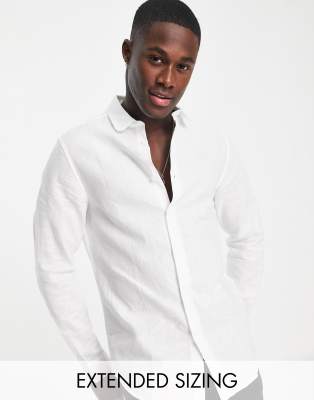 ASOS DESIGN Wedding - Camicia elegante vestibilità classica bianca in misto lino con colletto smussato