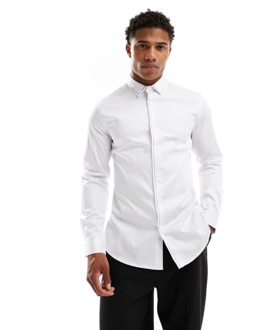 ASOS DESIGN Wedding - Camicia slim da cerimonia bianca con dettagli a contrasto