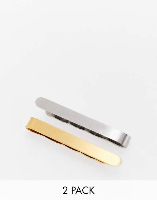 ASOS DESIGN Wedding - Confezione da 2 fermacravatte sottili ondulati in acciaio inossidabile color argento e oro