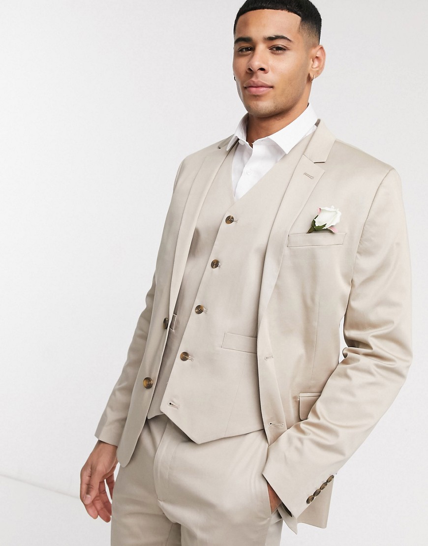 ASOS DESIGN wedding cotton super skinny suit jacket in stone-Neutral