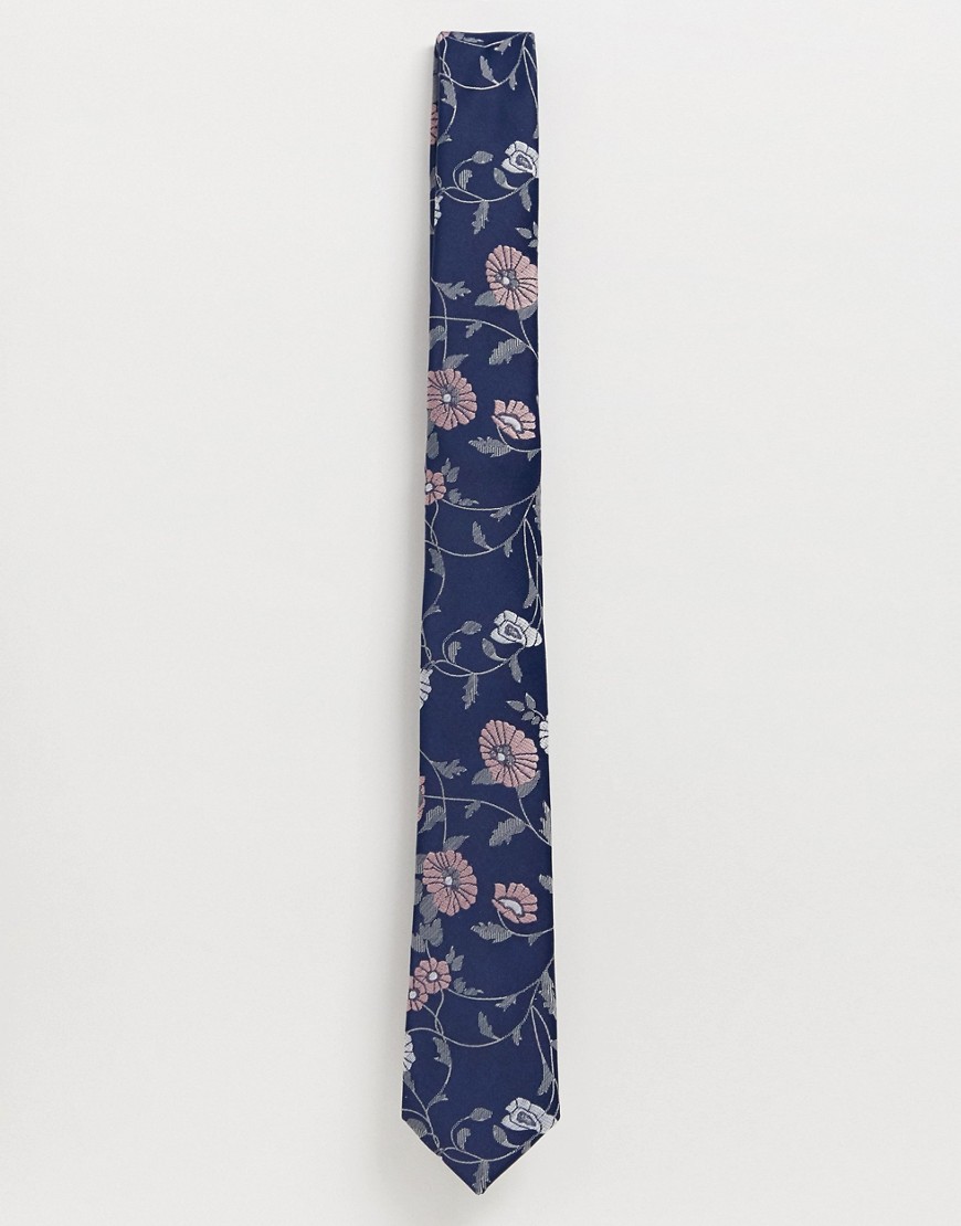 ASOS DESIGN Wedding - Cravatta sottile blu con fiori rosa