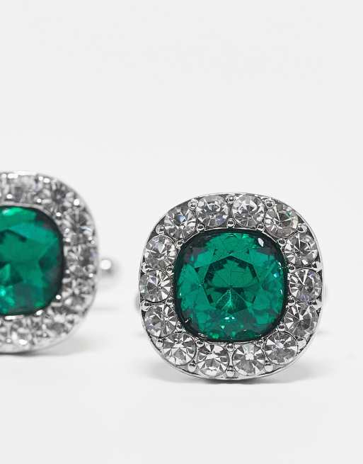 ASOS DESIGN wedding cufflinks in green crystal and silver tone