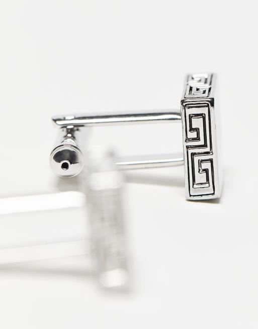 ASOS DESIGN wedding cufflinks with greek wave engraving in silver tone, 2 of 4