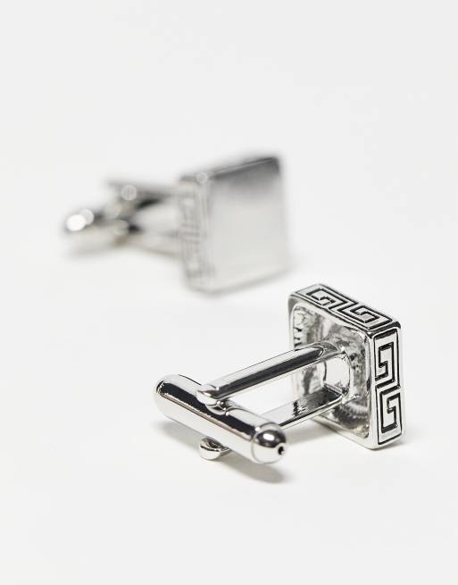 ASOS DESIGN wedding cufflinks with greek wave engraving in silver tone, 3 of 4