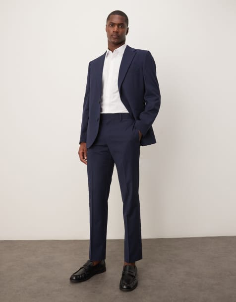 ASOS DESIGN Wedding – Dopasowane granatowe spodnie garniturowe w prążki - view 1