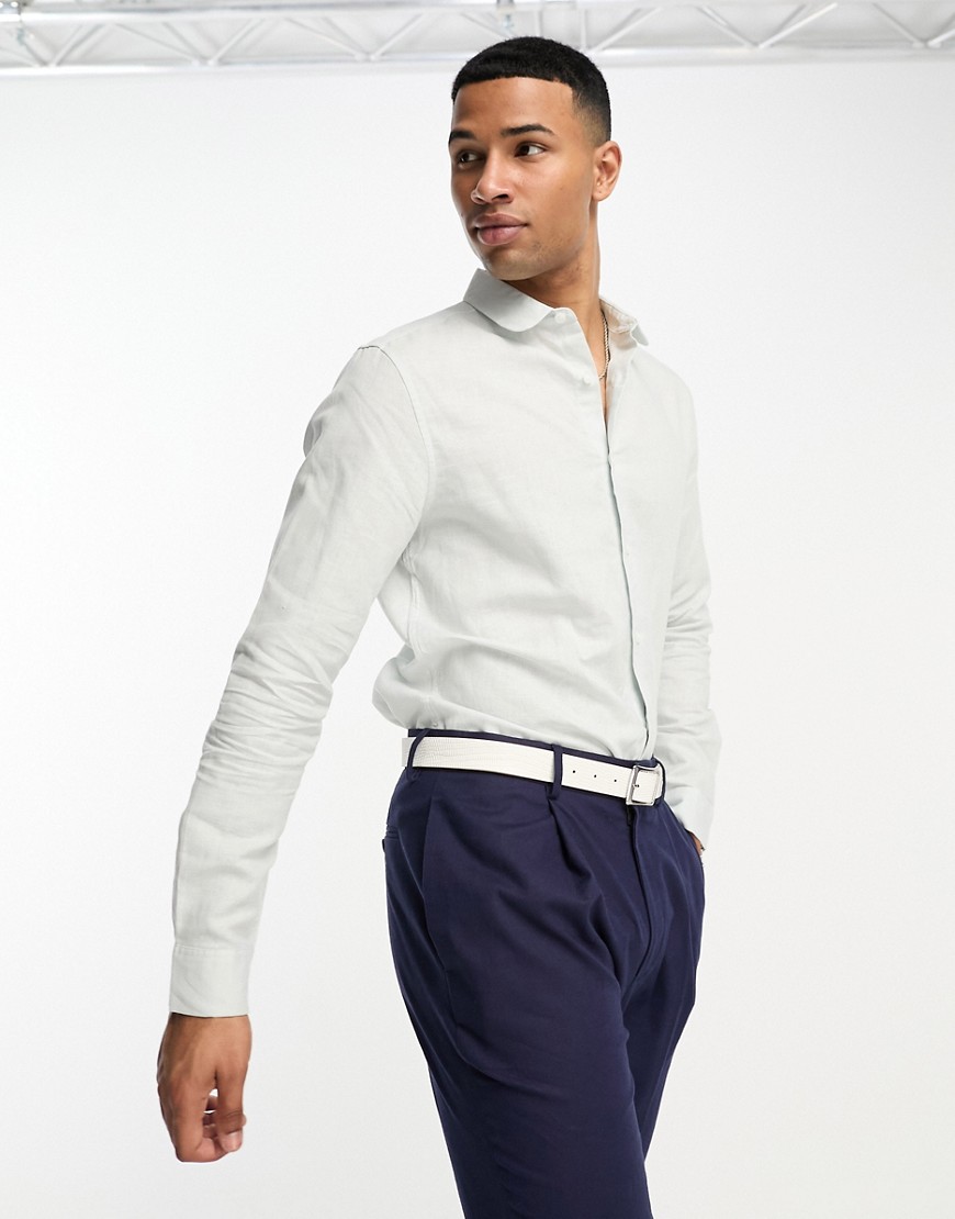 Asos Design Wedding Smart Linen Regular Fit Shirt With Penny Collar In White In Green