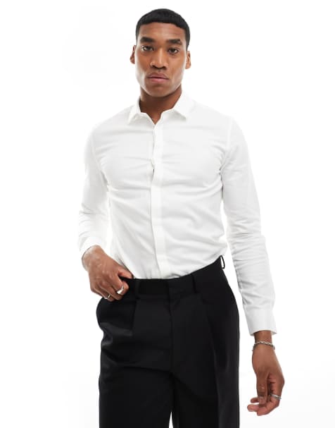 ASOS DESIGN – Wedding – Elegantes Hemd mit engem Schnitt und Fischgrätmuster in Weiß - view 1
