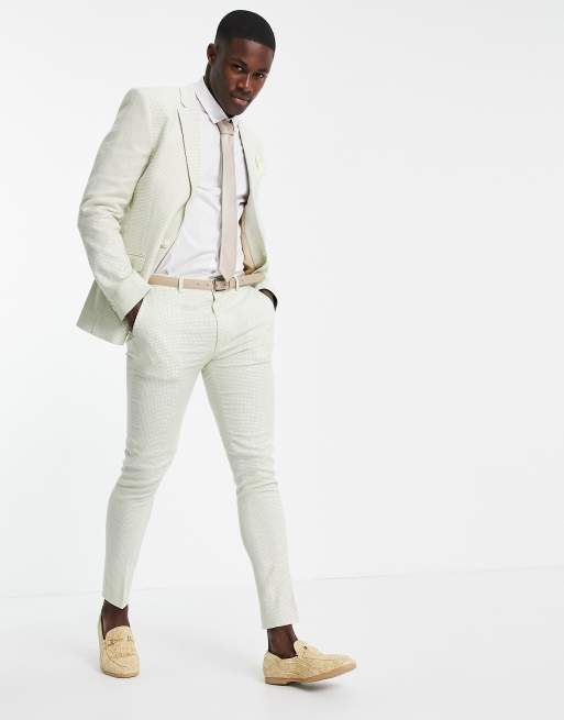 ASOS DESIGN Wedding – Eng geschnittene Anzughose aus Leinen mit kleinem Hahnentrittmuster in Grün