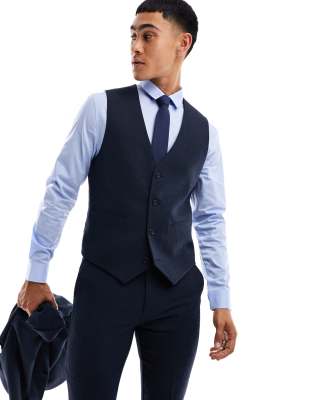 ASOS DESIGN – Wedding – Eng geschnittene Anzugweste aus Wollmischung in Panamabindung in Marineblau 