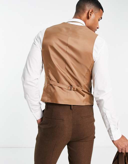 ASOS DESIGN Wedding – Eng geschnittene Anzugweste in Braun aus Wollmischung mit Flechtmuster , 2 von 4
