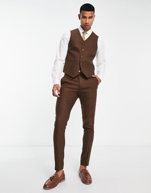 ASOS DESIGN Wedding – Eng geschnittene Anzugweste in Braun aus Wollmischung mit Flechtmuster , 4 von 4