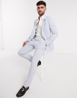 ASOS DESIGN Wedding – Enge Anzughose aus Baumwoll-Seersucker mit blauem Karomuster