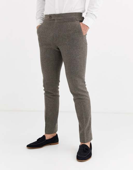 ASOS DESIGN Wedding – Enger, brauner Anzug aus Wollmischung mit Fischgrätenmuster, 3 von 4