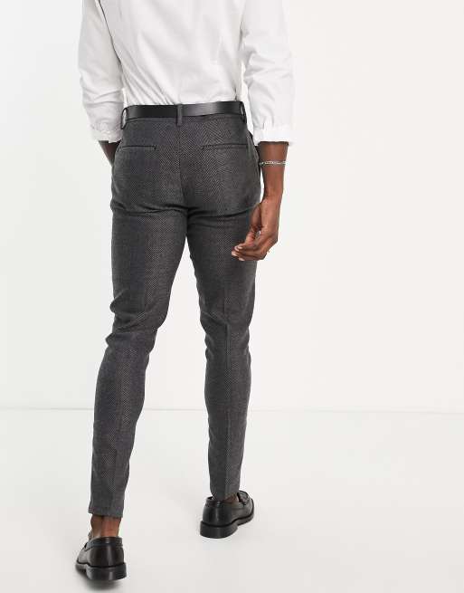 ASOS DESIGN – Wedding – Enge Anzughose aus Wollmischung mit Fischgrätenmuster in Anthrazit, 2 von 4