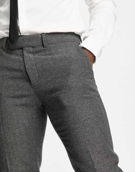 ASOS DESIGN – Wedding – Enge Anzughose aus Wollmischung mit Fischgrätenmuster in Anthrazit, 3 von 4