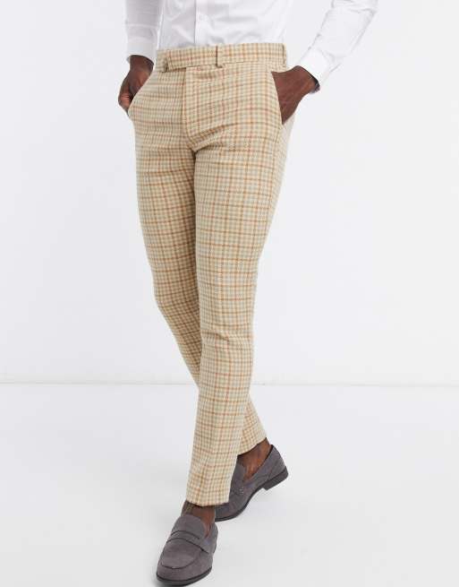 ASOS DESIGN Wedding – Enge Anzughose aus Wollmischung mit Hahnentrittmuster in Camel