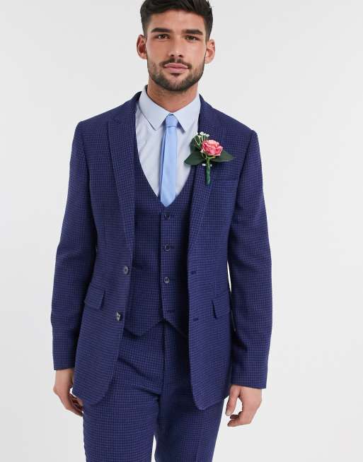 ASOS DESIGN – Wedding – Enge Anzugjacke aus blauer Wollmischung mit Hahnentrittmuster