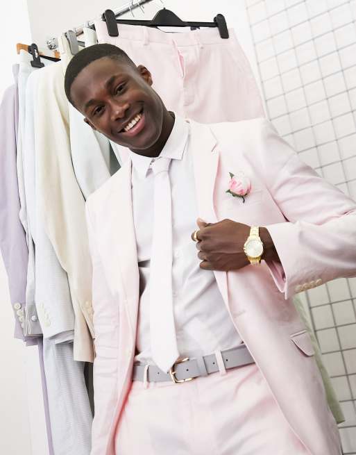 ASOS DESIGN Wedding – Enge Anzugjacke aus Leinenmix in Pastellrosa
