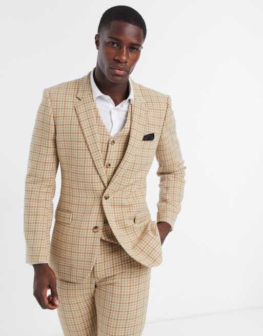 ASOS DESIGN Wedding – Enge Anzugjacke aus Wollmischung mit Hahnentrittmuster in Camel