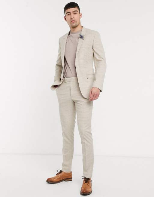 ASOS DESIGN Wedding – Enge Anzugjacke in Stone mit Prince of Wales-Karomuster