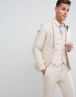 ASOS DESIGN Wedding – Extra smal, beige kavaj i stretchig bomull-Sandfärgad