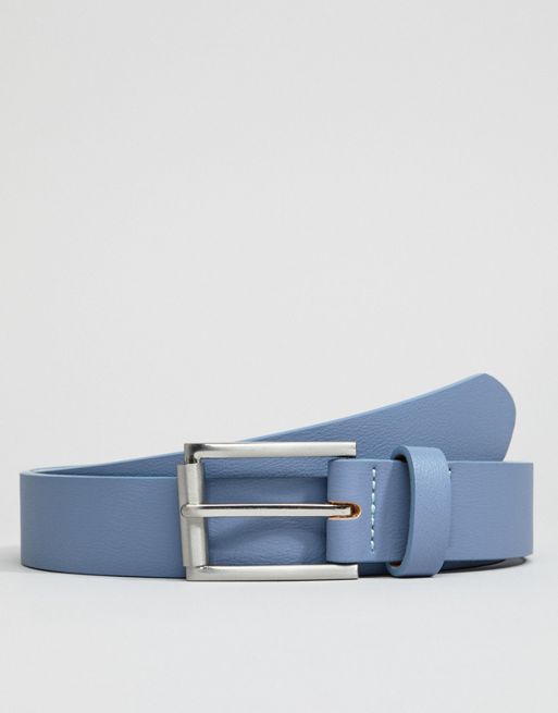 ASOS Wedding Faux Leather Slim Belt In Light Blue for Men