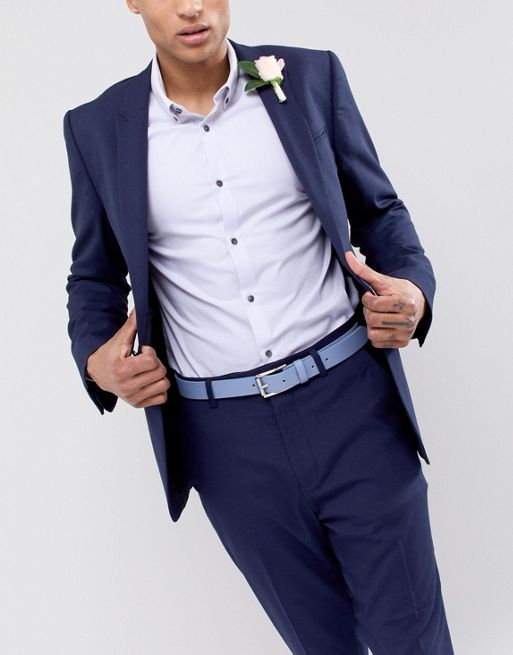 ASOS Wedding Faux Leather Slim Belt In Light Blue for Men