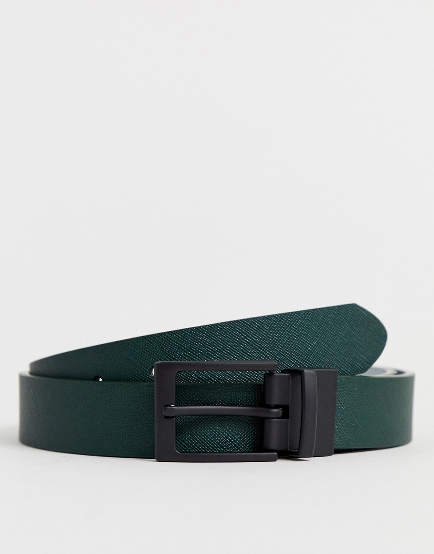 ASOS DESIGN Wedding faux leather slim reversible belt in green and grey saffiano and matte black buckle