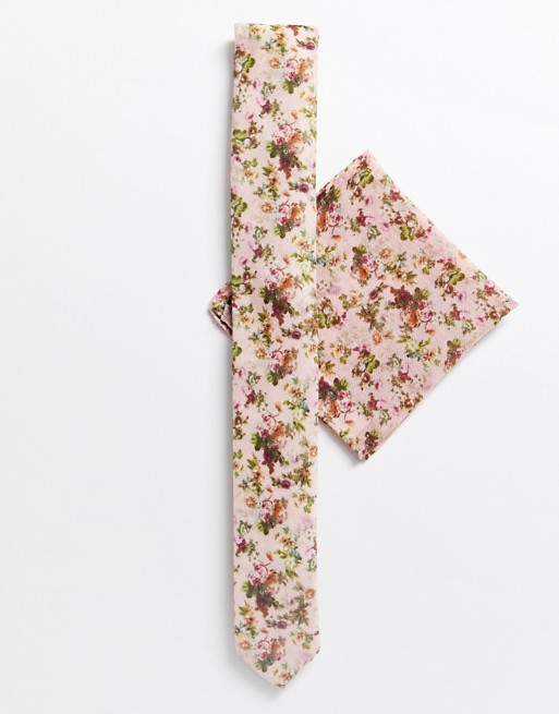 ASOS DESIGN wedding floral tie & pocket square in pink