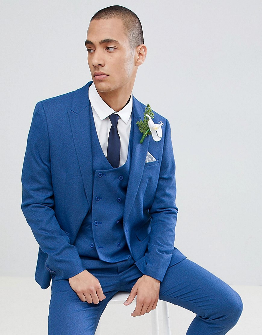 ASOS DESIGN Wedding - Giacca da abito skinny blu in micro texture