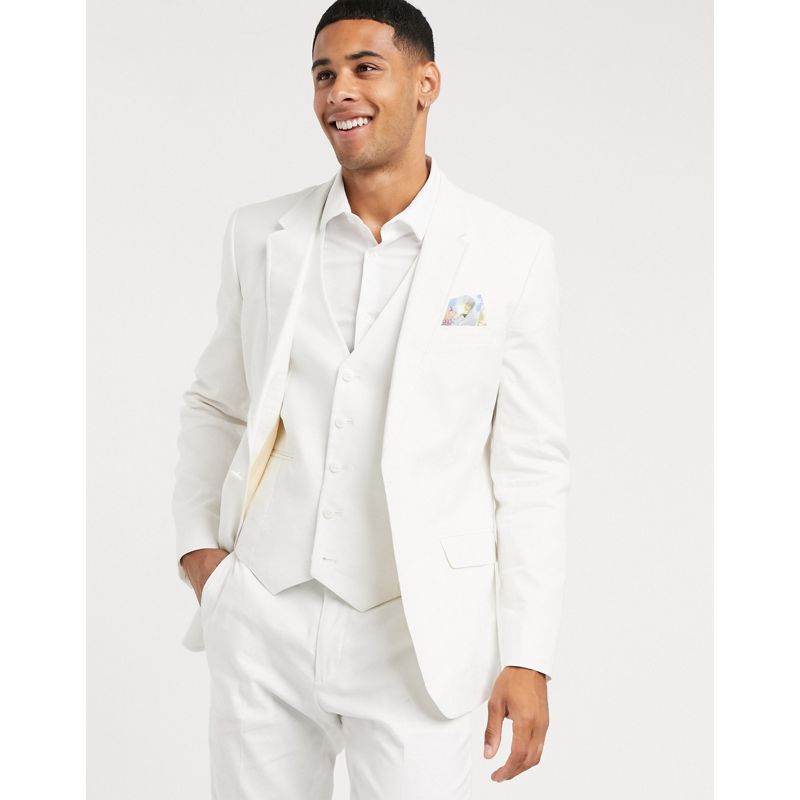 Uomo Abiti skinny fit DESIGN Wedding - Giacca da abito skinny in cotone e lino stretch bianca