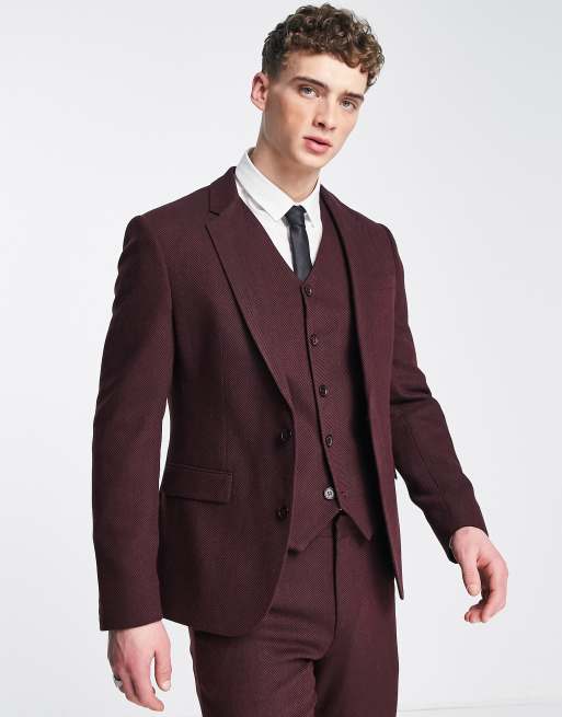 Giacca da abito skinny in misto lana con motivo a spina di pesce scuro Wedding Asos Uomo Abbigliamento Abiti eleganti 