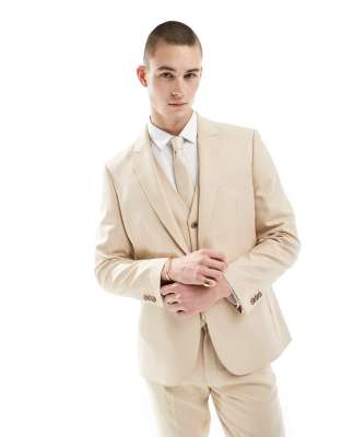 ASOS DESIGN Wedding - Giacca da abito slim color cammello microtesturizzata