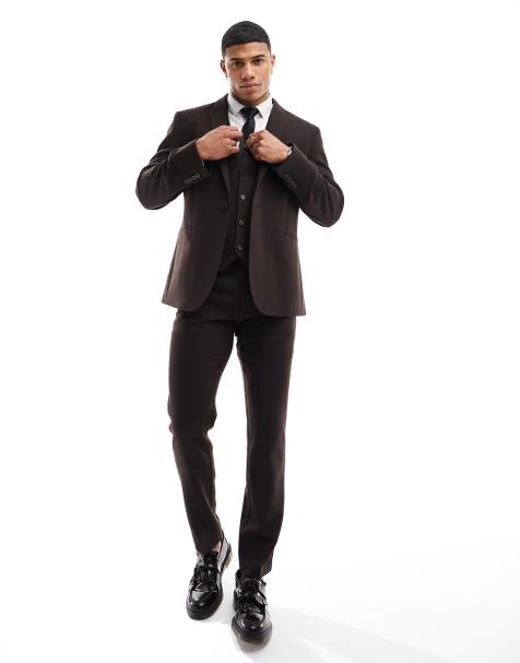 ASOS DESIGN Wedding - Giacca da abito slim fit in misto lana marrone scuro testurizzato con intreccio a cesto - view 1