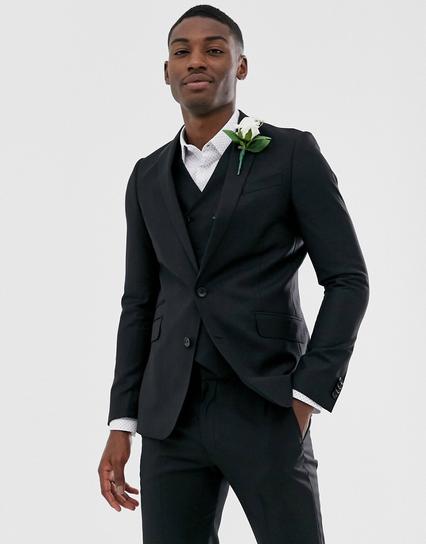 ASOS DESIGN Wedding - Giacca da abito slim in 100% lana nera-Nero