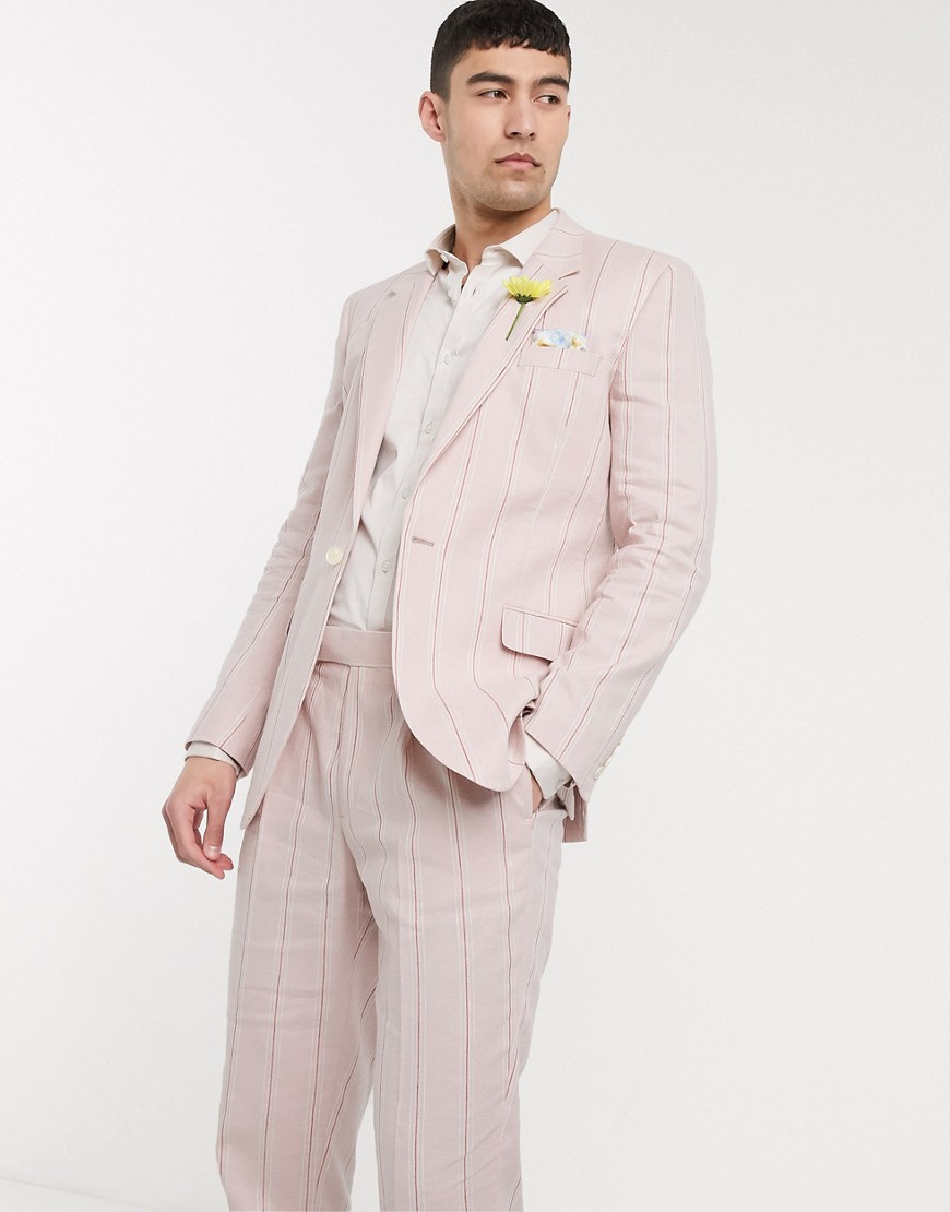 ASOS DESIGN Wedding - Giacca da abito slim in cotone misto lino stretch rosa e bianca a righe
