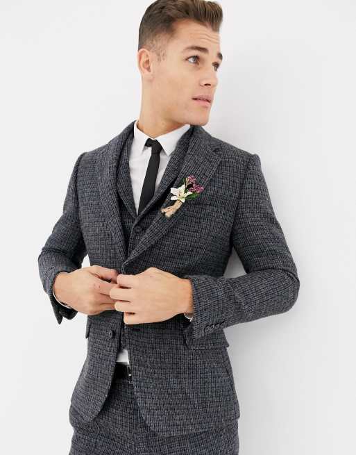 ASOS DESIGN Wedding - Abito slim in Harris Tweed di 100% lana blu a quadretti, 2 di 4