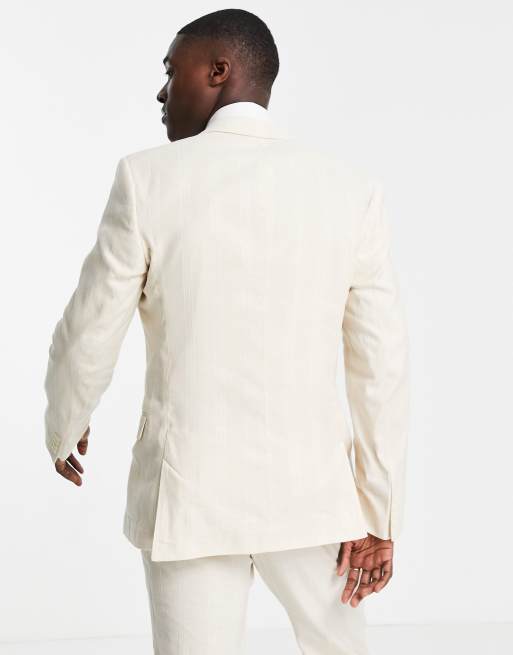 ASOS DESIGN Wedding - Giacca da abito slim in misto lino color pietra a righe, 2 di 4
